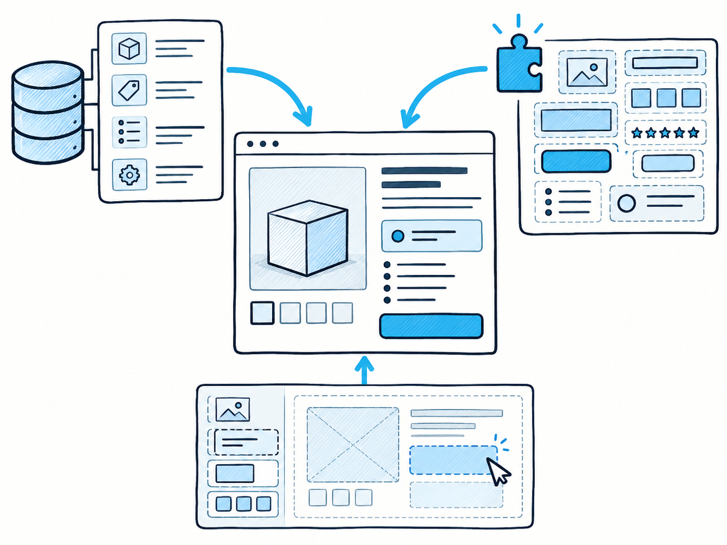 Responsabilidades entre commerce, app e Canvas numa página de produto